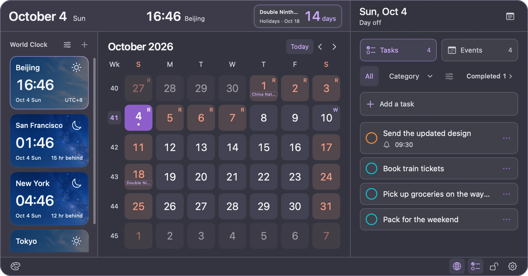 Lumax Tempo in dark appearance, showing the same calendar, reminders, and world clocks with demo content.